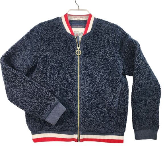 TOMMY HILFIGER Vintage Women Small P Fuzzy Fleece Jacket Baseball Short Full Zip - Picture 1 of 7